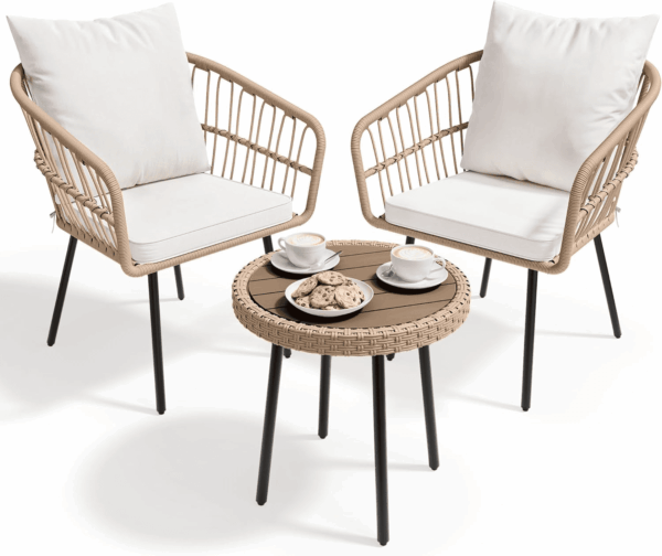 3 Pieces Outdoor Wicker Patio Conversation Bistro Set, All-Weather Rattan Patio Furniture Set with Table & Cushions, Outdoor Sectional Sofa for Patio, Balcony, Backyard, Deck - Image 8