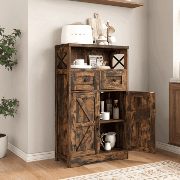 Farmhouse Storage Cabinet with Drawers and Shelves, Kitchen Pantry Storage Cabinet, Floor Hutch Cupboard for Dining Living Room Home Office, Rustic Brown - Image 4