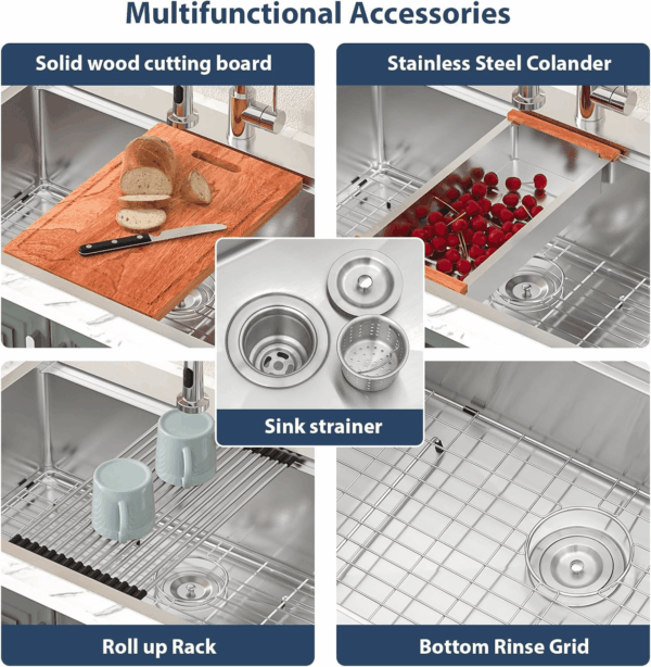 33 Drop in Kitchen Sink Workstation - 33X22 Kitchen Sinks Drop in Stainless Steel 16 Gauge Single Bowl Handmade Topmount Sink with Cutting Board - Image 9