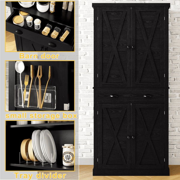 Kitchen Pantry Storage Cabinet 72.6" H, with Barn Doors, Drawer, 4 Adjustable Shelves, Freestanding Cupboard for Dining Room Living Room, Laundry, Black - Image 7