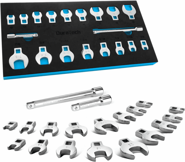 3/8" Drive Crowfoot Wrench Set with 2 Extension Bars, SAE & Metric, 19-Piece, 10-22Mm & 3/8"-7/8", CR-V Steel, with EVA Foam Tool Organizer