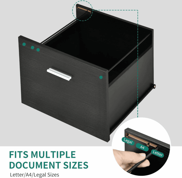 File Cabinet with Charging Station, Mobile Lateral Filing Cabinet with Lock for Home Office, Printer Stand with Open Storage Shelf, Fits A4, Letter, Legal Size Files, Office Furniture, Black - Image 7