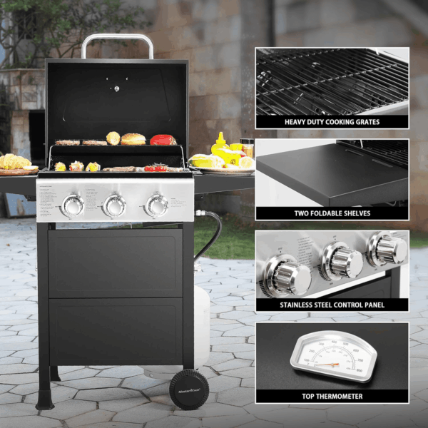 3 Burner BBQ Propane Gas Grill, Stainless Steel 30,000 BTU Patio Garden Barbecue Grill with Two Foldable Shelves - Image 4