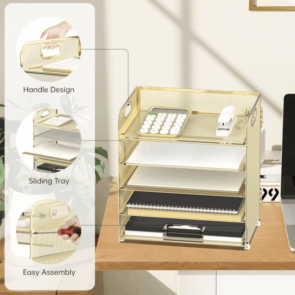 5 Trays Paper Organizer Letter Tray with Handle-Mesh Desk File Organizer, Paper Sorter Desk Organizer for Office, Home or School (Golden) - Image 3