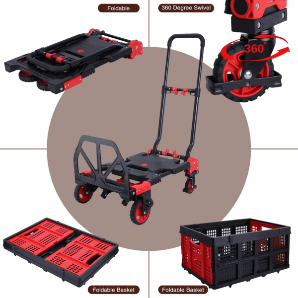 2-In-1Hand Truck Dolly Foldable with Folding Basket,330Lbs Capacity Handtruck,Hand Truck Foldable Dolly with 4 Wheels,Dolly Cart with Retractable Handle,Folding Hand Cart for Moving - Image 4