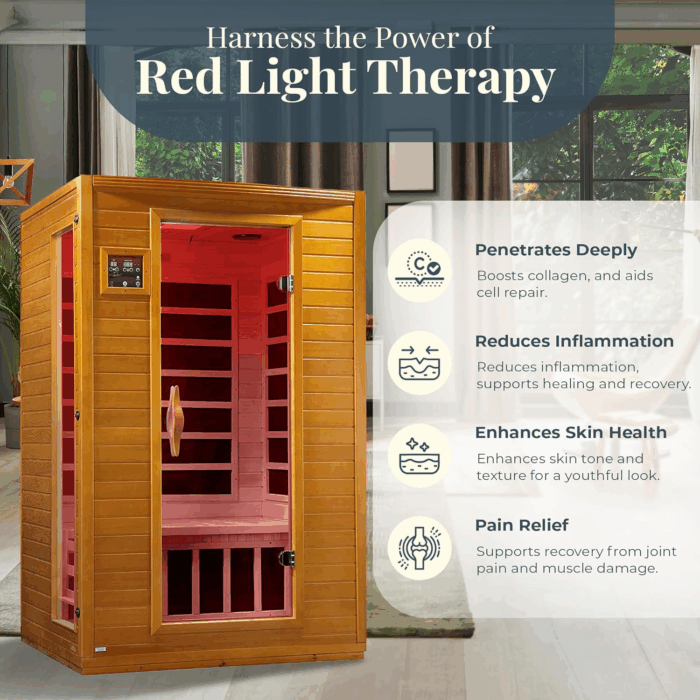Andora 2-Person Low EMF FAR Infrared Sauna with Red Light & Bluetooth Speakers | Personal Indoor Spa for Home & Gym – Made from Canadian Hemlock - Image 7
