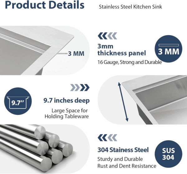 33 Drop in Kitchen Sink Workstation - 33X22 Kitchen Sinks Drop in Stainless Steel 16 Gauge Single Bowl Handmade Topmount Sink with Cutting Board - Image 5