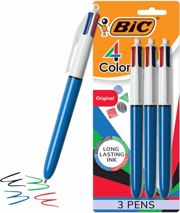 4-Color Original Retractable Ball Pens, Medium Point (1.0Mm), 3-Count Pack, Retractable Ball Pen with Long-Lasting Ink