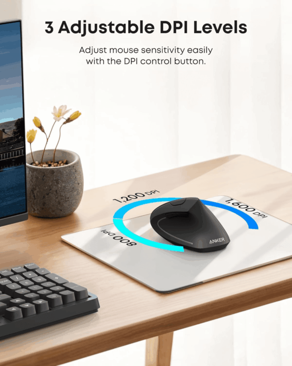 2.4G Wireless Vertical Ergonomic Optical Mouse for Work, Multi-Device Connectivity, 800 / 1200 /1600 DPI, 5 Buttons for Laptop, Desktop, PC - Black - Image 3