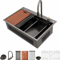 33 Drop Kitchen Sink with Faucet Combo 33"X22" Waterfall Kitchen Sink Workstation Gunmetal Black 16 Gauge Single Bowl Topmount Handmade Sinks with Pull Out Faucet, Glass Rinser Included - Image 2