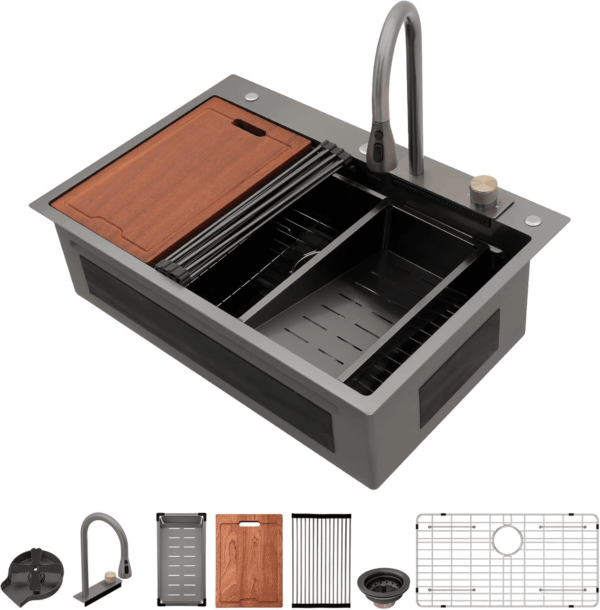 33 Drop Kitchen Sink with Faucet Combo 33"X22" Waterfall Kitchen Sink Workstation Gunmetal Black 16 Gauge Single Bowl Topmount Handmade Sinks with Pull Out Faucet, Glass Rinser Included - Image 2