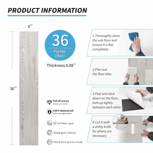 36-Pack Peel and Stick Luxury Vinyl Flooring Tiles, 54 Sq. Ft Self Adhesive Wood Plank for Kitchen, Bedroom, Bathroom, Grey Ash - Image 5