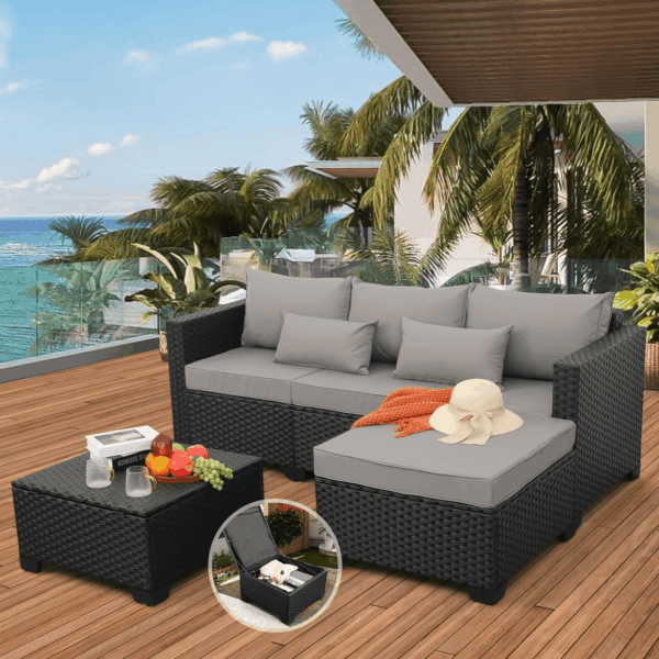 3 Pieces Patio Furniture Set Outdoor Sectional Wicker Patio Furniture Patio Couch with Ottoman and Outdoor Storage Table All-Weather Anti-Slip Cushions Waterproof Covers, Light Grey - Image 2