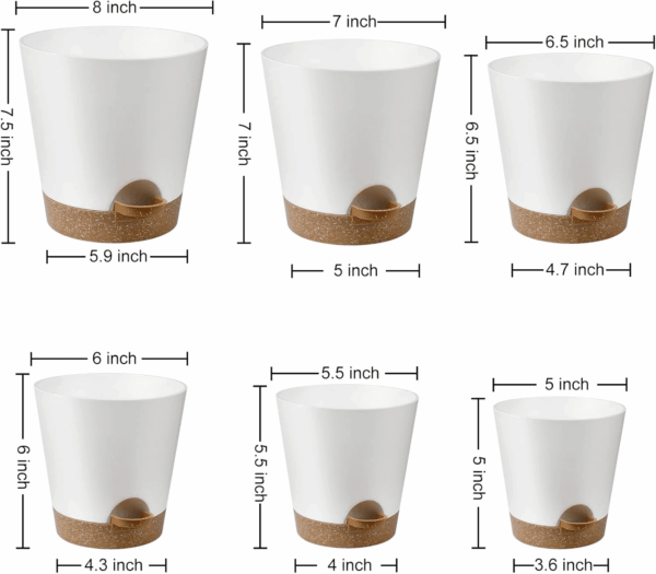 Indoor Self Watering Planters with Drainage Holes and Saucers, 8, 7, 6.5, 6, 5.5, 5 Inches, White, 6 Pots - Image 4