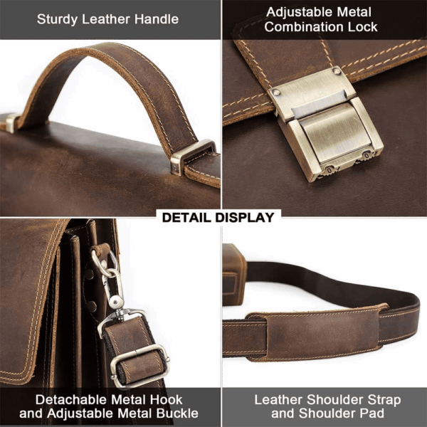 Full Grain Leather Small Messenger Bag for Men with Lock Briefcase Travel Crossbody Shoulder Bag - Image 5