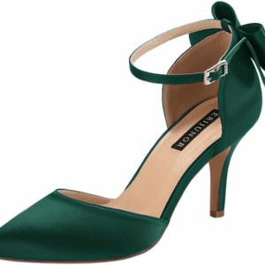Wedding Evening Party Shoes Comfortable Mid Heels Pumps with Bow Knot Ankle Strap Wide Width Satin Shoes