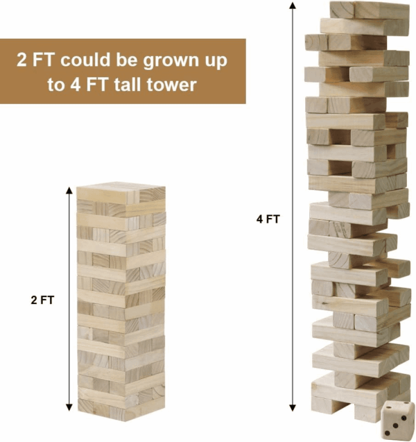 54 Pieces Giant Tumble Tower Blocks Game Giant Wood Stacking Game with 1 Dice Set Canvas Bag for Adult, Kids, Family - Image 2