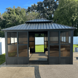 12' X 14' Solarium Sunroom Permanent Hardtop Gazebo Galvanized Steel Double Roof Aluminum Outdoor Screen House for Lawn Deck Backyard Grey
