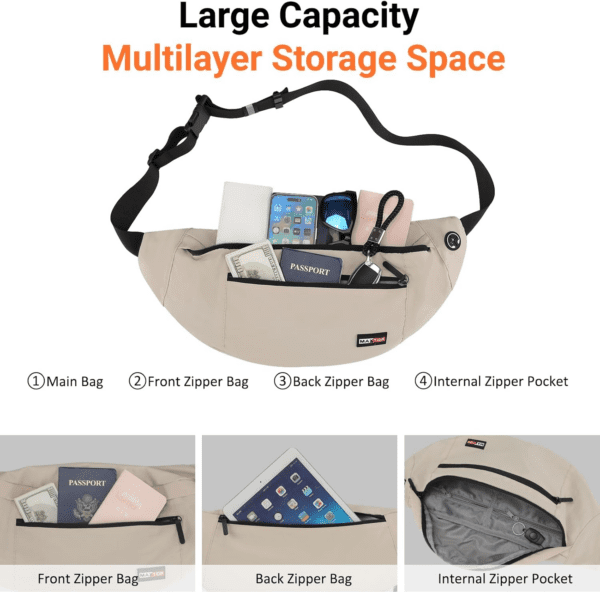 Super Large Beige Fanny Pack Sling Bag for Men Women Crossbody Sling Chest Bag for Travel Cycling Hiking Climbing - Image 3