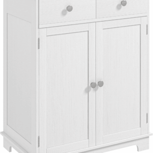 Sideboard with Solid Wood Countertop, Modern Kitchen Storage Cabinet, Coffee Bar Cabinet with 2 Drawers, Doors and Adjustable Shelf, Distressed White