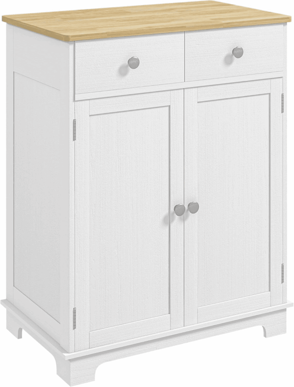 Sideboard with Solid Wood Countertop, Modern Kitchen Storage Cabinet, Coffee Bar Cabinet with 2 Drawers, Doors and Adjustable Shelf, Distressed White