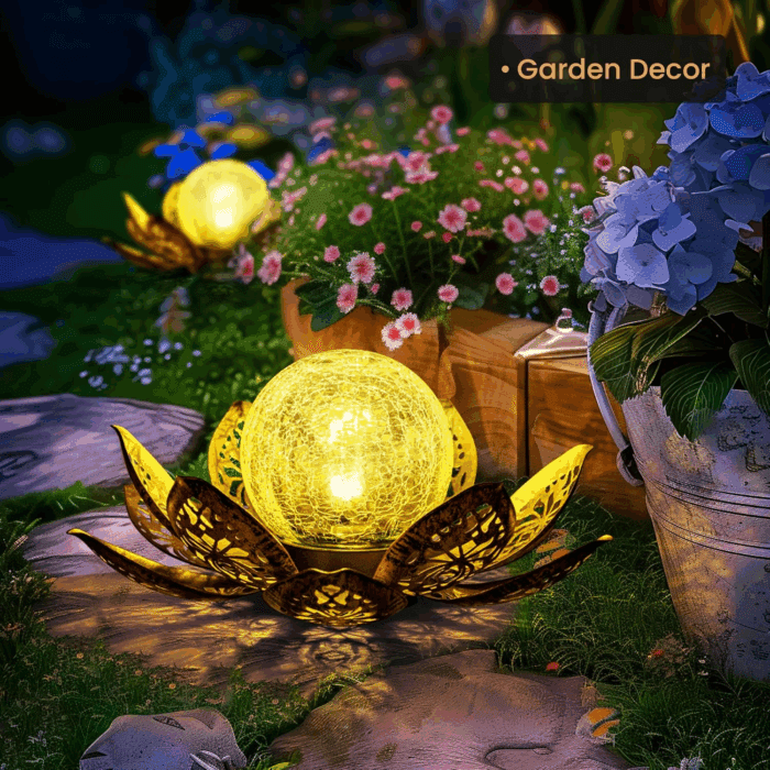 Solar Lights Outdoor Garden Decor, Adjustable Metal Petal Lotus Flower Lights Crackle Globe Glass Lantern Outdoor Table Decor Waterproof for Patio, Lawn, Pathway, Pond, Christmas Gift - Image 2