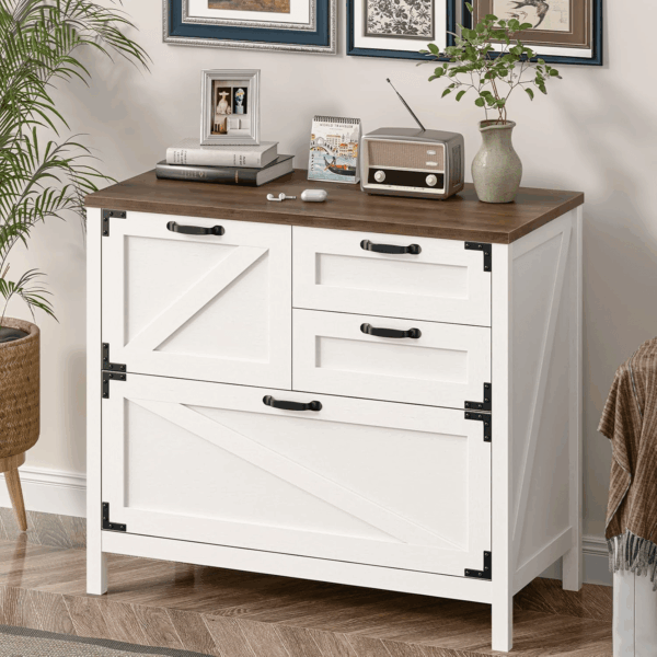 Wood Lateral File Cabinet with 4-Drawer for Hanging Files Letter/A4/Legal Size, Large Farmhouse Filing Cabinets for Home Office, Printer Stand with Office Cabinet, Office Furniture, White and Brown - Image 3