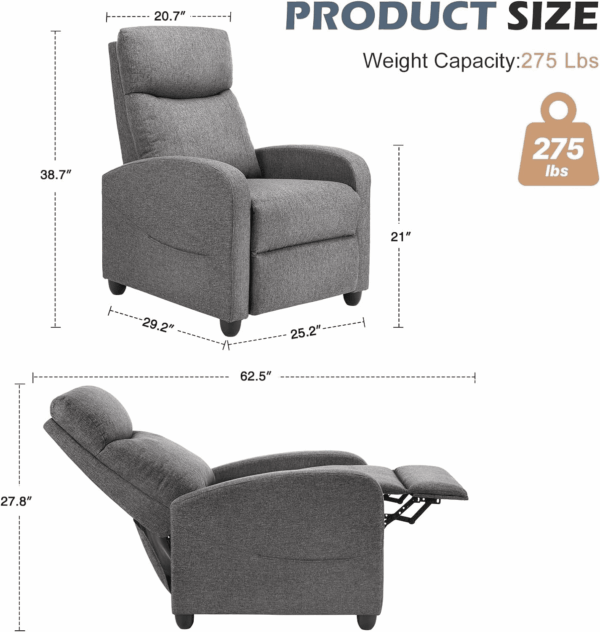 Recliner Chair for Adults, Massage Fabric Small Recliner Home Theater Seating with Lumbar Support, Adjustable Modern Reclining Chair with Padded Seat Backrest for Living Room (Grey) - Image 3