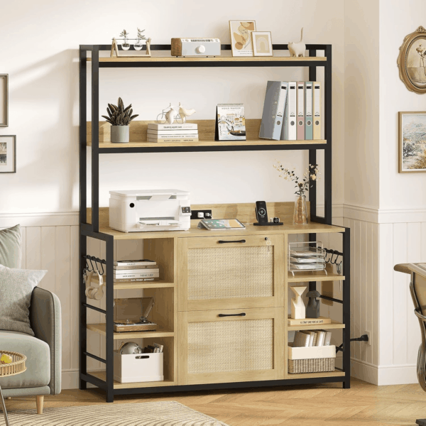 Natural Rustic File Cabinet, 2 Drawer Filing Cabinet, Fits Legal/Letter/A4 Size, 6 Layer Open Storage Shelves, Power Strip & USB Ports, Home Office - Image 7
