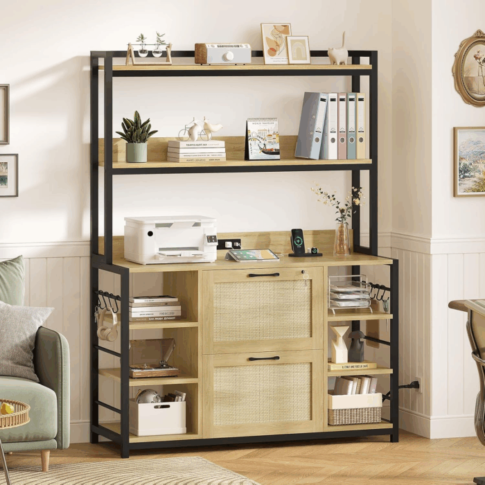 Natural Rustic File Cabinet, 2 Drawer Filing Cabinet, Fits Legal/Letter/A4 Size, 6 Layer Open Storage Shelves, Power Strip & USB Ports, Home Office - Image 7