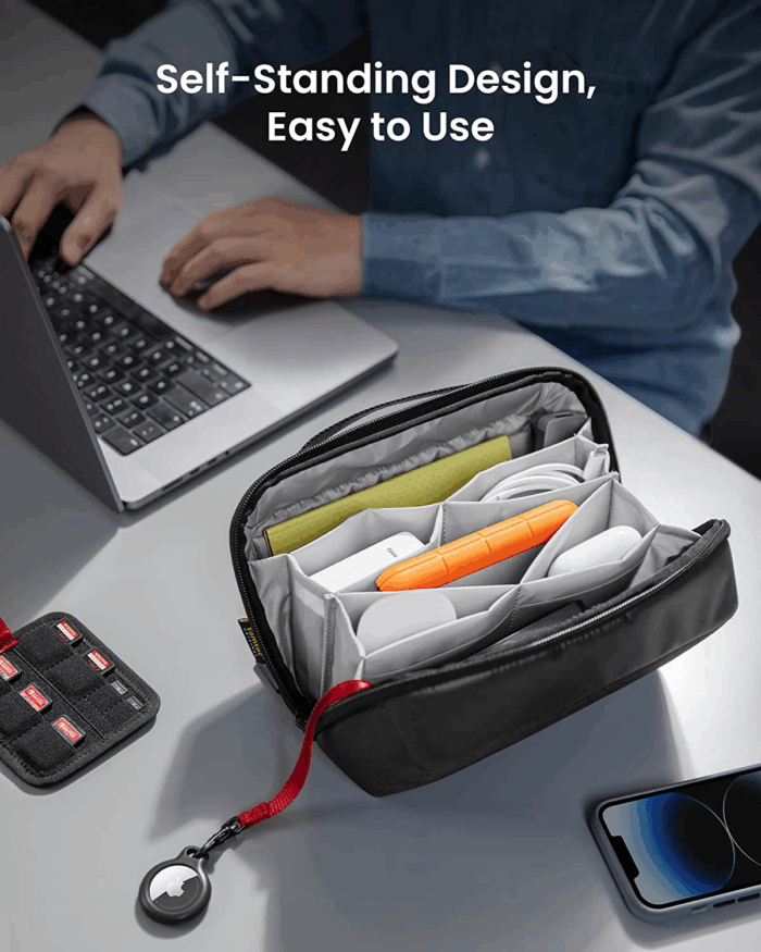 Electronic Organizer Accessory Pouch for Macbook Charger, Cables, Power Bank, Hard Drive, Cords, Water-Resistant Storage Bag with Removable Card Slots for USB Adapter, Memory Card, Black - Image 4
