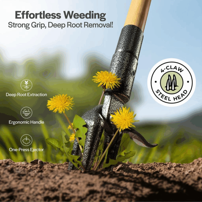 Weed Puller Tool, Stand up Heavy Duty Weed Remover Tool with Long Handle, Foot Platform Design - 4 Claw Steel Head Weeder Tool, Bamboo Garden Hand Weeding Tool, Smoothly Remove Weeds without Kneeling - Image 7
