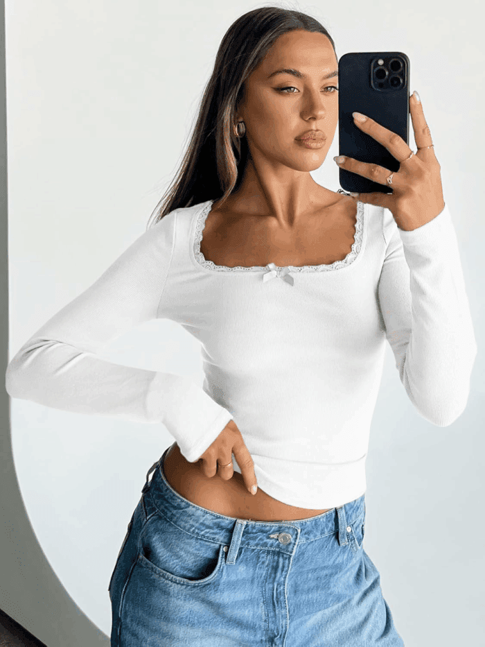 Womens Long Sleeve Shirts Crop Square Neck Ribbed Tops Basic Slim Fit Y2K Fall Winter Clothes Outfits 2025 - Image 5