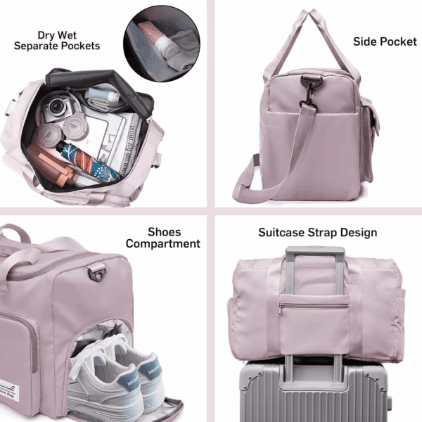 Travel Duffel Bag with Shoes Compartment Sports Gym Bag with Dry Wet Separated Pocket for Men and Women, Overnight Bag Weekender Bag Training Handbag Yoga Bag - Brown Pink - Image 3