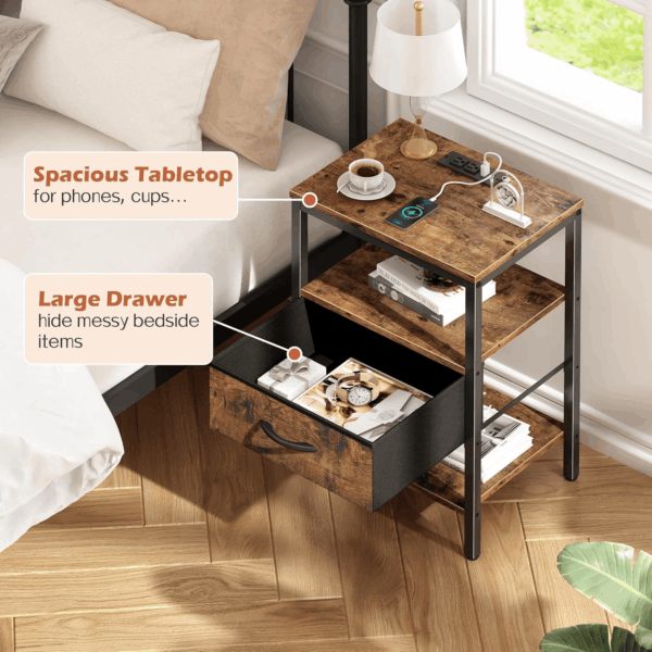 Nightstand with Charging Station, Bed Side Table with Adjustable Fabric Drawer, Night Stand for Bedroom, 3-Tier Storage End Table, for Living Room, Rustic Brown - Image 5
