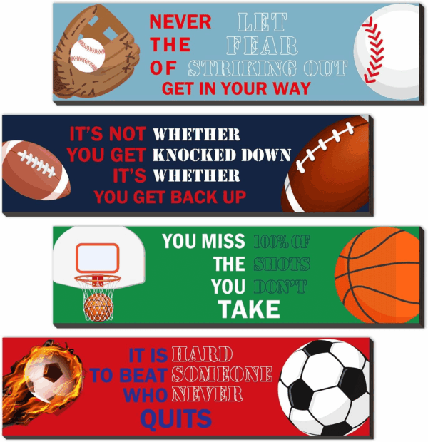 Sport Motivational Quote Wall Art(Pack of 4), Sport Themed for Boy'S Bedroom Playroom Classroom Living Room Decoration
