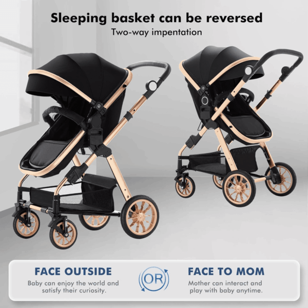 Baby Stroller for Toddler,Bassinet Stroller,Foldable Aluminum Alloy Pushchair with Adjustable Backrest,Adjustable Direction Gold Black. - Image 6