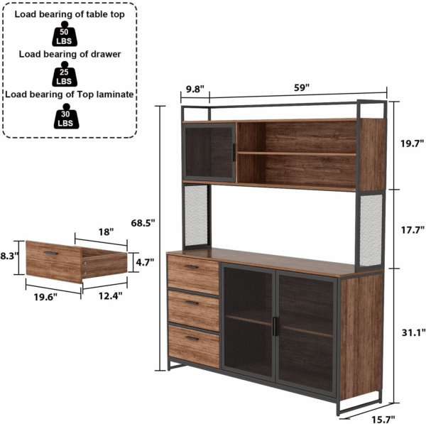 Modern Wood Sideboard Buffet Storage Cabinet with Hutch, 3 Metal Mesh Doors, 3 Drawers & Shelves, Kitchen Pantry Cupboard Console Table for Living Room, Dining Room, Brown - Image 2