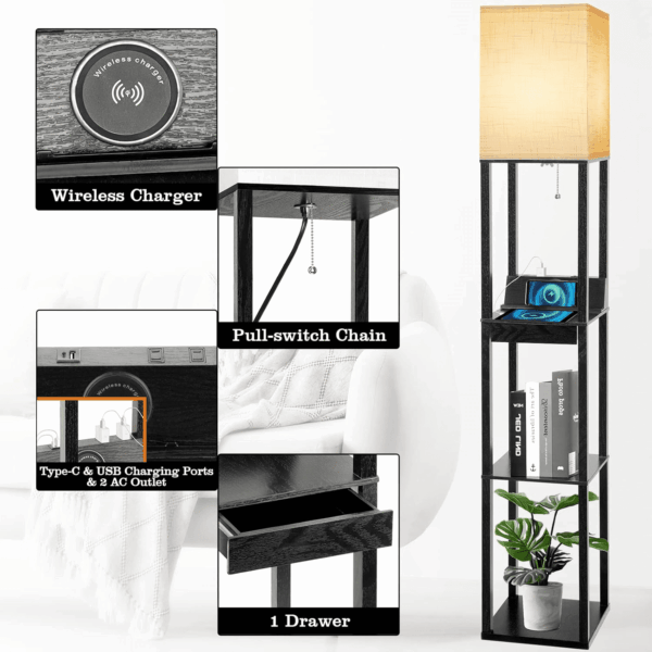 Floor Lamp with Shelves,  LED Shelf Floor Lamp with Wireless Charger & 2 Charging USB Ports & Drawer, AC Outlet, 3 Color Temperature Tall Standing Lamp with Bulb for Living Room, Bedroom, Office - Image 4