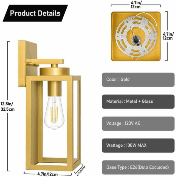2-Pack Outdoor Wall Light Fixtures, Exterior Waterproof Wall Lanterns, Porch Sconces Wall Mounted Lighting with E26 Sockets & Glass Shades, Modern Wall Lamps for Patio Front Door, Gold - Image 6