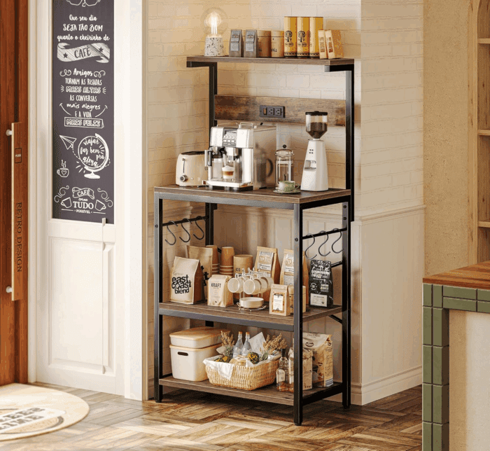 Kitchen Bakers Rack with Power Outlet, Coffee Bar Table 4 Tiers, Kitchen Microwave Stand with 6 S-Shaped Hooks, Kitchen Storage Shelf Rack for Spices, Pots and Pans - Rustic Brown - Image 2