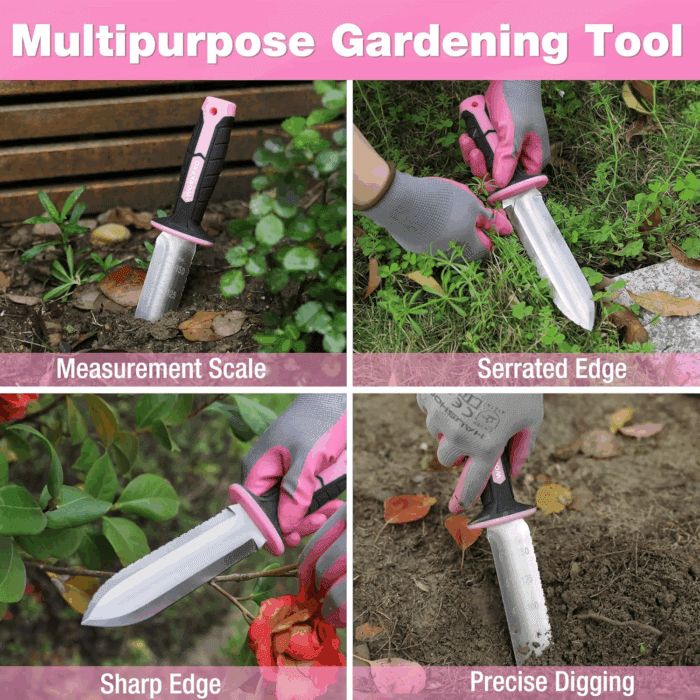 Hori Hori Garden Knife, 7" Stainless Steel Blade with Cutting Edge, Garden Tools with Oxford Sheath, Ergonomic TRP Handle with Hanging Hole for Weeding, Planting, Digging, Pink - Image 2