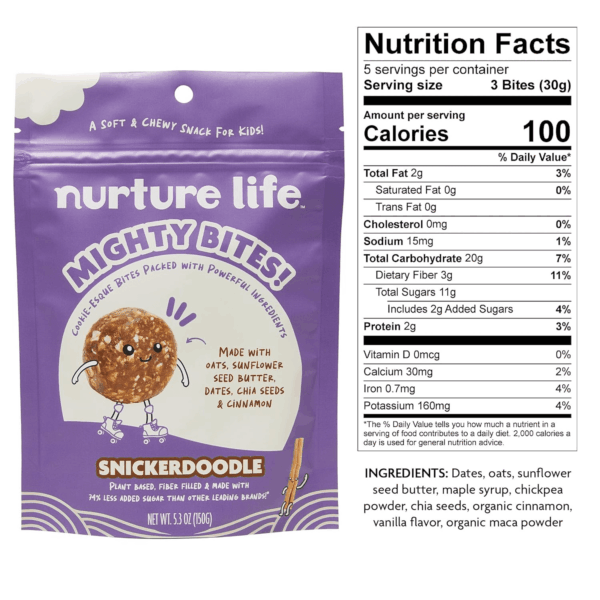 Mighty Bites, Snickerdoodle, 1 Pack, Healthy Snacks for Kids & Toddlers Made with Oats, Chia Seeds, Dates, Chocolate Chips, Sunflower Seed Butter Plant Based, High Fiber, Low Sugar Snack - Image 5