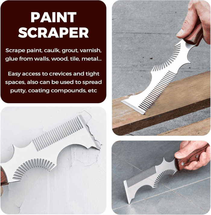 8-In-1 Painters Tool - Paint Brush Comb, Paint Roller Cleaner, Stainless Steel Scraper, Putty Knife, Paint Can Opener, Wooden Handle - Image 5