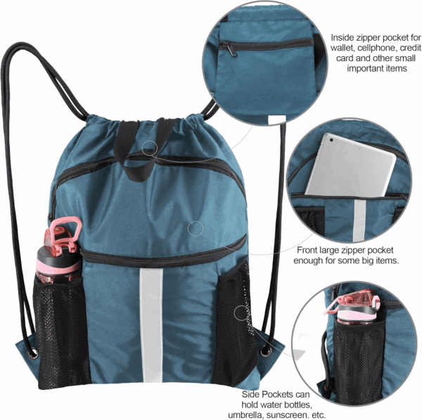 Drawstring Backpack Bag with Shoe Compartment, X-Large Black Gym Sports String Cinch Backpack - Image 4