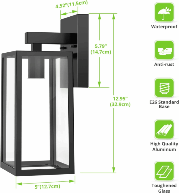 Outdoor Wall Sconce, Exterior Waterproof Wall Lantern Light Fixtures, Black Porch Lights with Toughened Glass Shade, Anti-Rust E26 Socket Front Door Wall Mount Lighting, 2 Pack - Image 5