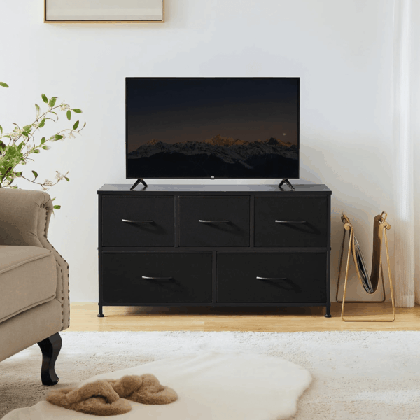 Dresser for Bedroom with 5 Drawers, Wide Chest of Drawers, Fabric Bedroom Dresser with Drawer Organizer, Storage Organizer Unit with Fabric Bins for Closet, Living Room, Hallway, Classic Black - Image 2
