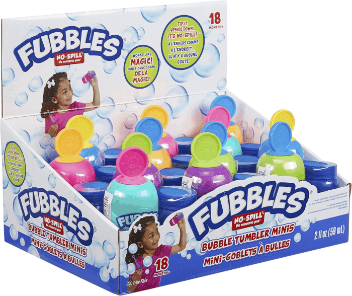 Fubbles No Spill Bubble Tumbler Minis Party Favor 12 Pack | Bubble Toy for Babies Toddlers and Kids | Includes 2Oz Bubble Solution and a Wand per Bottle (Assorted Colors)