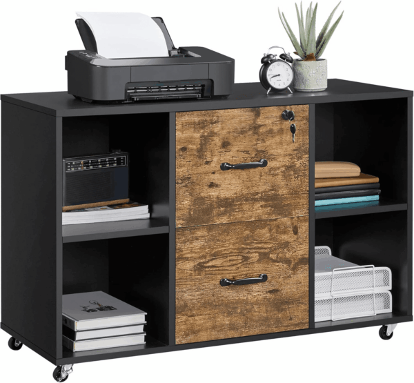 Filing Cabinet Lateral File Cabinet with 2 Drawer and 4 Open Compartments for Letter Size A4 Size, Printer Stand for Home Office, Black/Rustic Brown