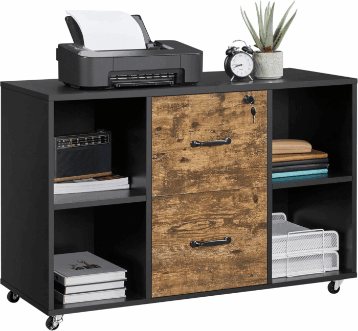 Filing Cabinet Lateral File Cabinet with 2 Drawer and 4 Open Compartments for Letter Size A4 Size, Printer Stand for Home Office, Black/Rustic Brown